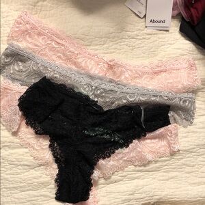 Honeydew Lace Thong Trio in Black, Gray, and Blush Pink (4 pair)